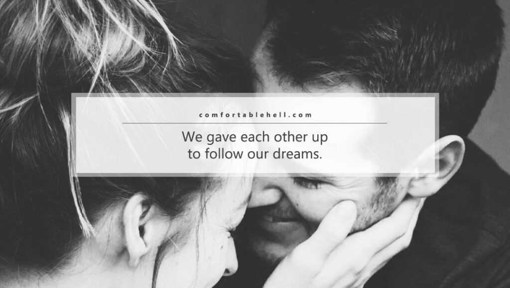image of a couple with text overlay of quotes from the article Goose Was My Best Wingman by Comfortable Hell
