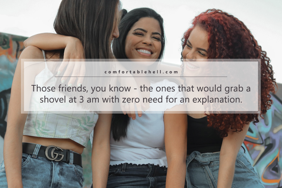 image of three girl friends happily chatting with quotes from the article "Sometimes Support and Kindness Show Up When You Least Expect It" by ComfortableHell